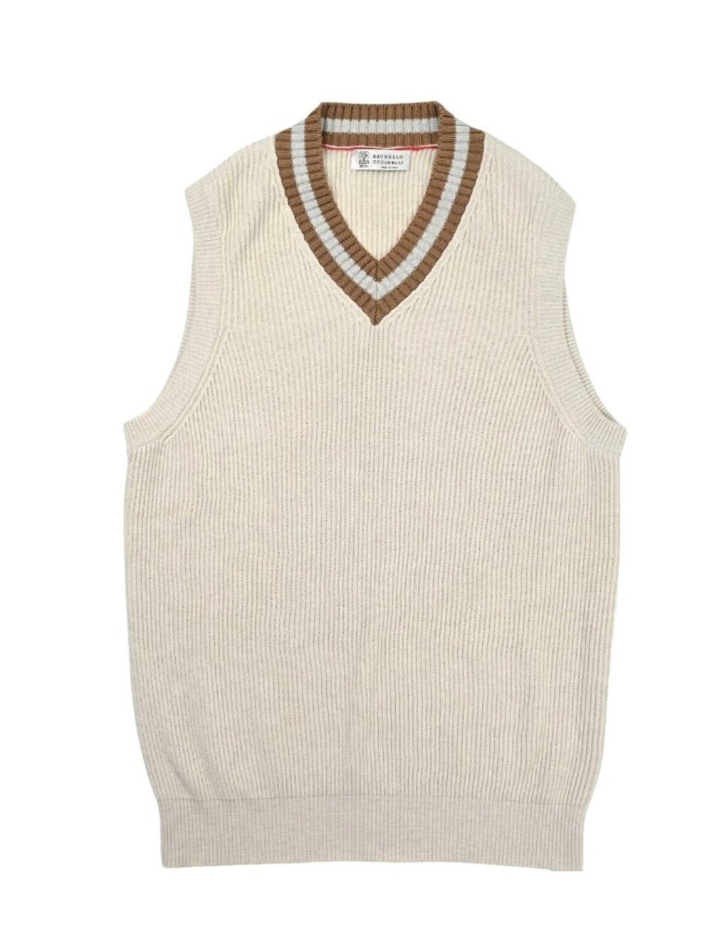Brunello Cucinelli V-Neck Vest in Ivory/Brown